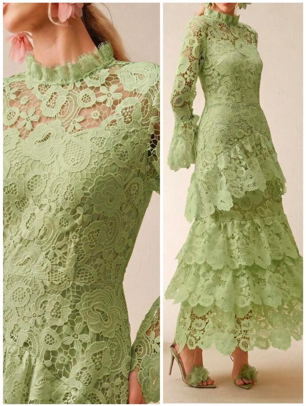 New Luxe Embroidered Sheer Floral Maxi Dress Long Sleeve Tiered Ruffle Green